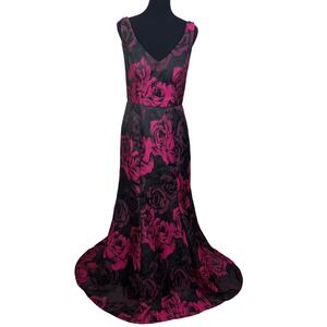JS Collections Pink Black Floral Jacquard V-Neck Mermaid Gown, Size 8